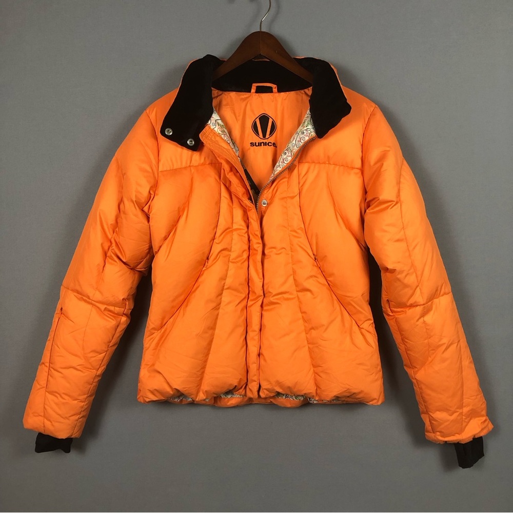 SUNICE Goose Down Puffer Jacket Coat Size 8 Full Zip Thumbhole Sleeve Inner Hood